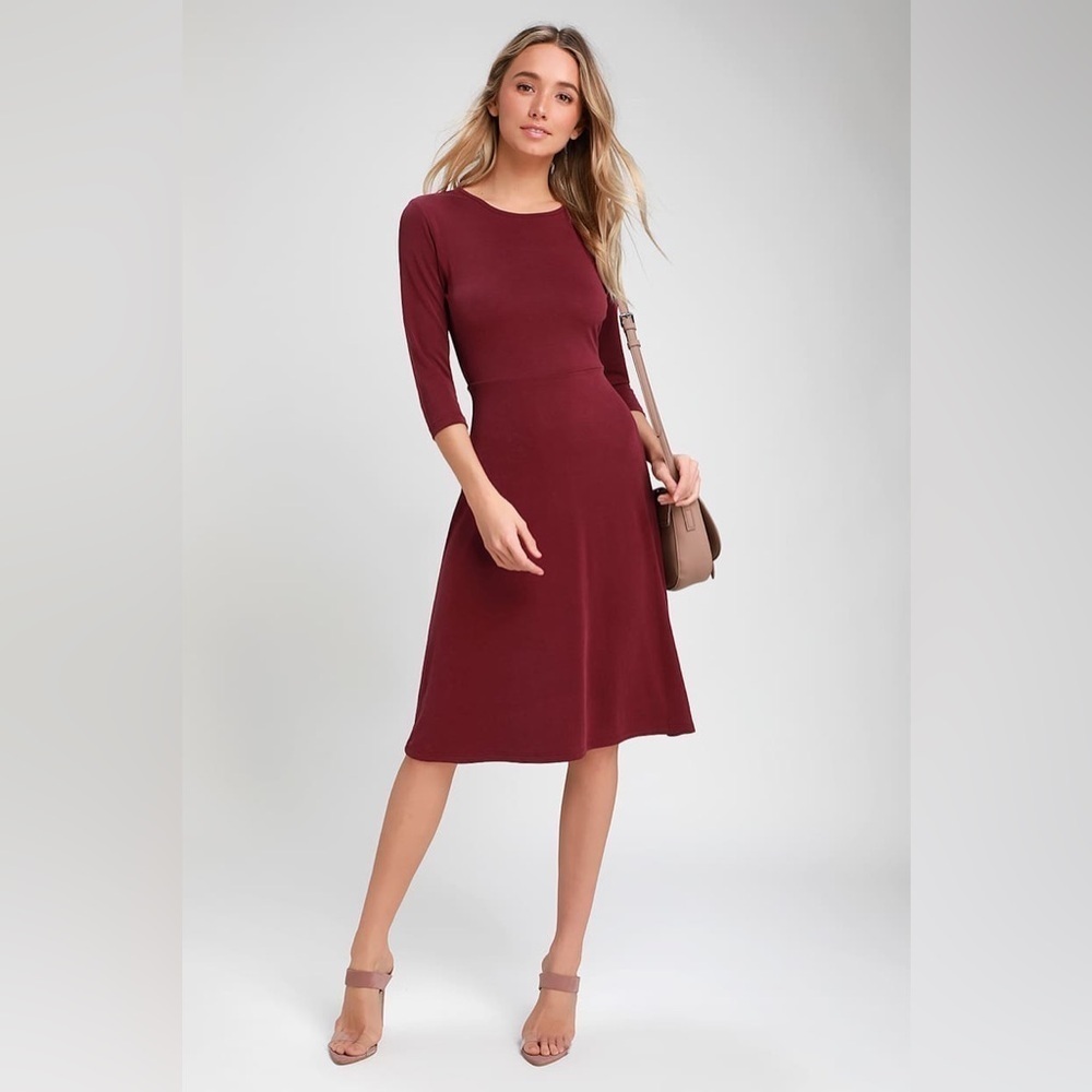 Lulus Sweet Like Me Burgundy Long Sleeve Midi Skater Dress
